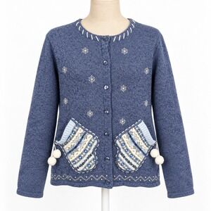 Vintage 90s Mitten Cardigan Size L Blue Winter Novelty Holiday Ugly Christmas